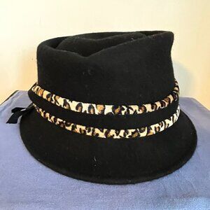 Vintage 60s 70s Fedora Black Cheetah Leopard Band Wool Felt Brimmed Bucket Hat